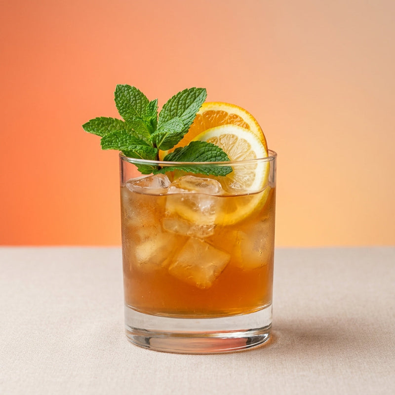 A photo of the Bourbon Orchard Smash cocktail containing Savage & Cooke Cask Finished Bourbon, Freshly squeezed orange juice, Freshly squeezed lemon juice, Giffard Sugar Cane Syrup (Sirop Sucre de Canne), Giffard Orgeat Syrup in a Old-Fashioned.