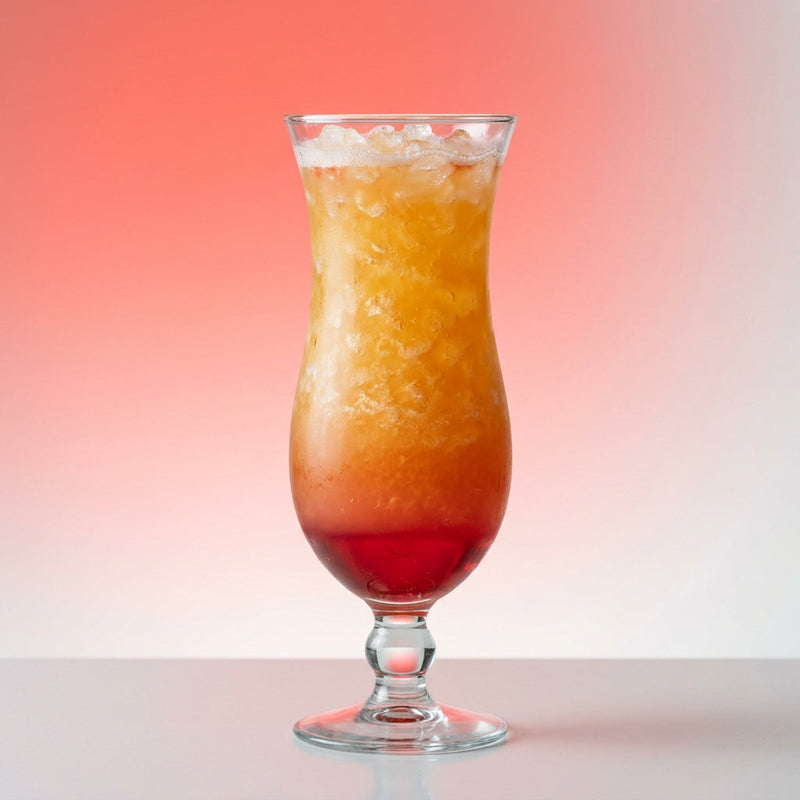 A photo of the Rum Squall cocktail containing Hamilton Navy Strength 114 Proof Rum, Freshly squeezed orange juice, Freshly squeezed lime juice, Liber & Co. Real Grenadine in a Hurricane.