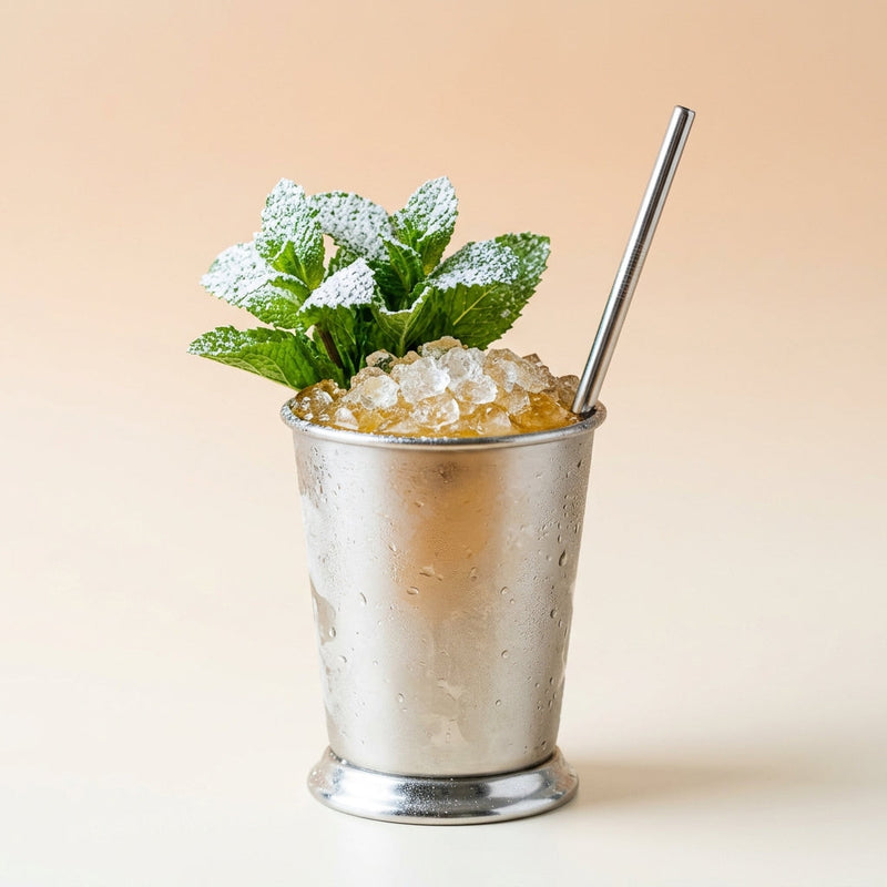 A photo of the Champagne Julep cocktail containing Mint leaves, Hennessy V.S. Cognac, Giffard Sugar Cane Syrup (Sirop Sucre de Canne), Angostura Aromatic Bitters, Perrier Jouet Grand Brut Champagne in a Julep Tin.