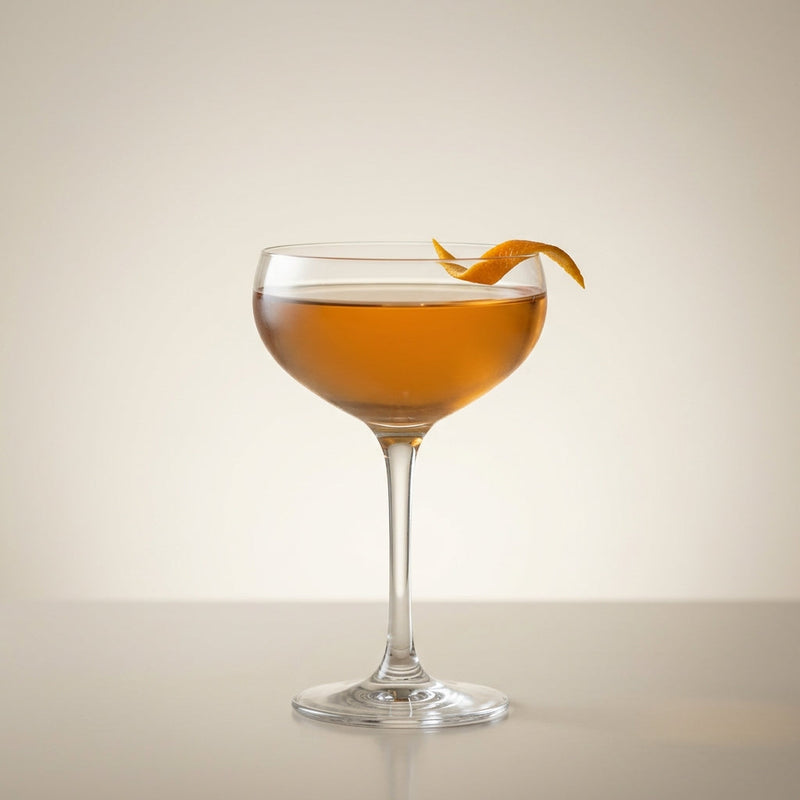 A photo of the Seville Twilight Manhattan cocktail containing Lustau Manzanilla Papirusa Sherry, Lustau Dry Amontillado Los Arcos, Martini & Rossi Rosso Sweet Vermouth, Noilly Prat Dry Vermouth, Vanilla sugar syrup, Angostura Orange Bitters in a Coupe.
