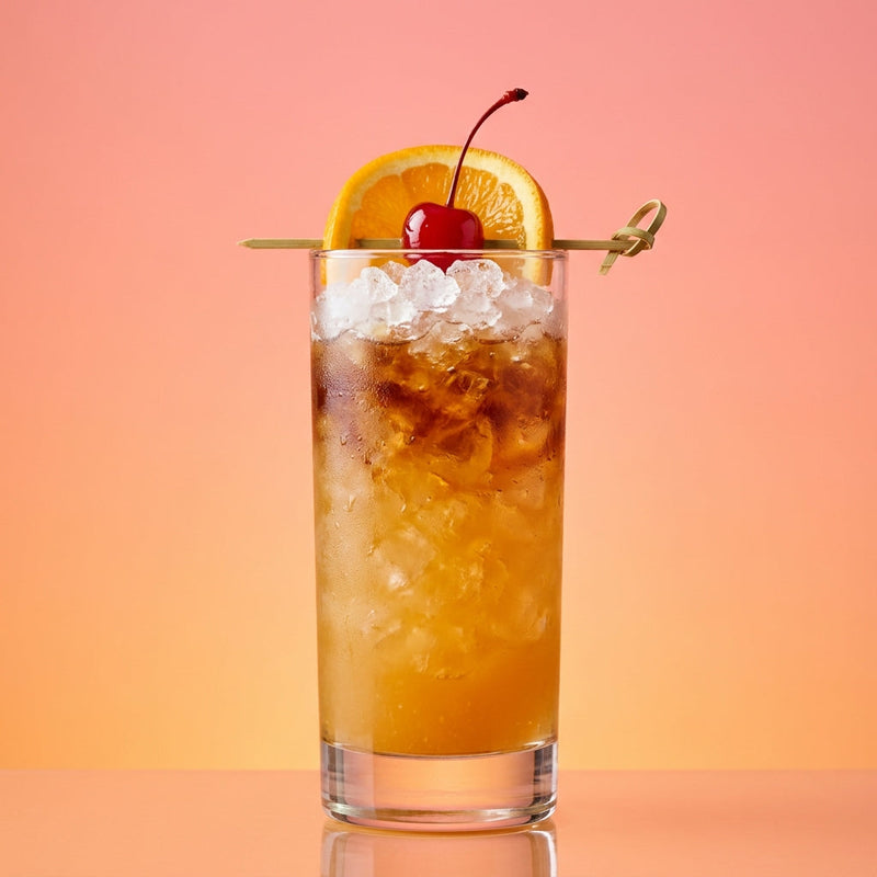 A photo of the Black Rum Swizzle cocktail containing Goslings Black Seal Dark Rum, Freshly squeezed orange juice, Fresh pressed pineapple juice, John D. Taylor's Velvet Falernum, Angostura Aromatic Bitters in a Collins.