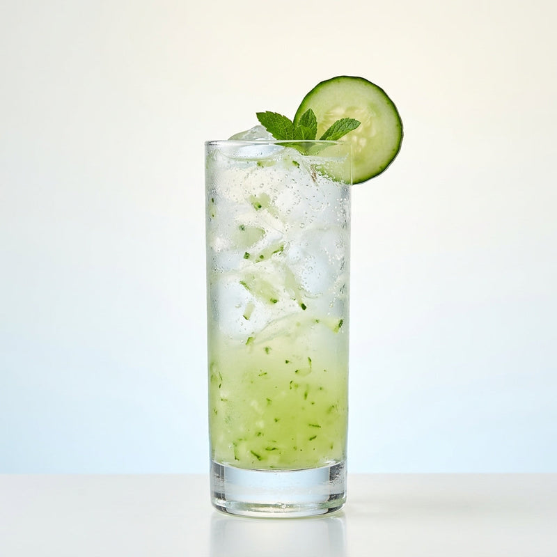 A photo of the The Absinthe Cucumber Cooler cocktail containing English cucumber peeled, Pernod Absinthe, Giffard Sugar Cane Syrup (Sirop Sucre de Canne), Freshly squeezed lime juice, Chilled water in a Collins.