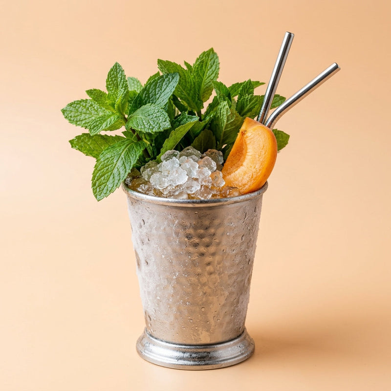 A photo of the Apricot Julep cocktail containing Fresh or tinned apricot, Mint leaves, Savage & Cooke Cask Finished Bourbon, Giffard Abricot Du Roussillon in a Julep Tin.