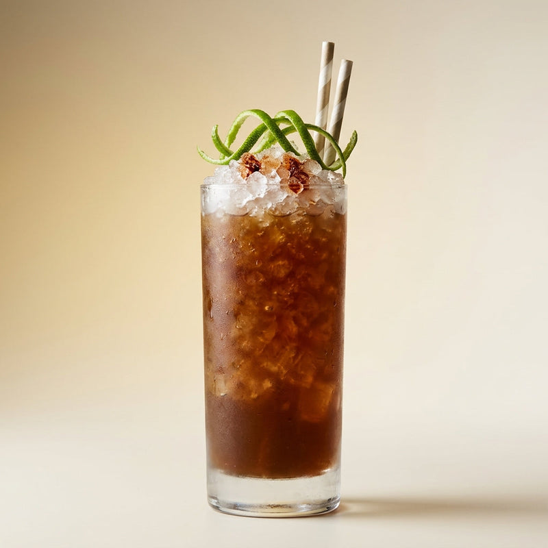 A photo of the The Port Royal Swizzle cocktail containing Flor de Caña 4 Year Old Añejo Oro Rum, Fonseca Bin #27 Port Wine, St. Elizabeth Allspice Dram, Freshly squeezed lime juice, Giffard Sugar Cane Syrup (Sirop Sucre de Canne) in a Collins.