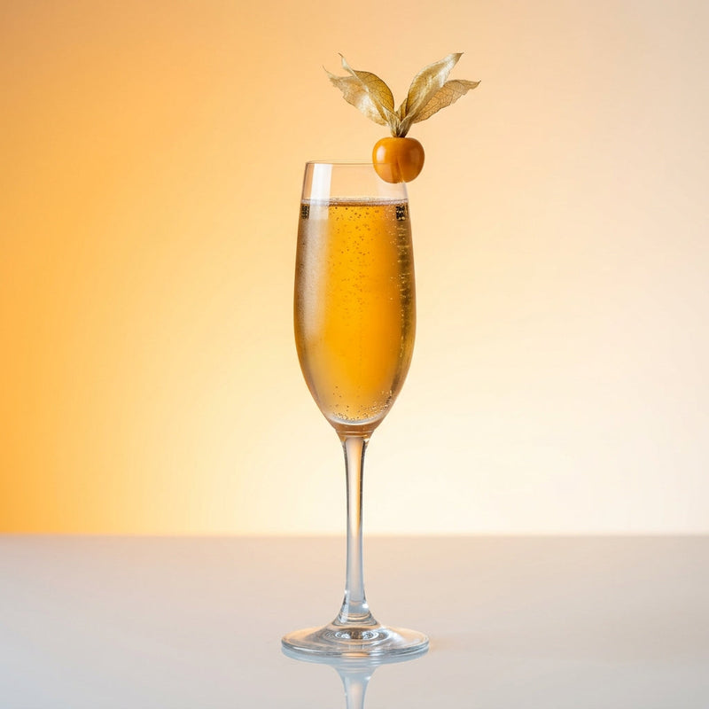 A photo of the Golden Fizz Royale cocktail containing Ketel One Vodka, Grand Marnier, Freshly squeezed lemon juice, Giffard Sugar Cane Syrup (Sirop Sucre de Canne), Ginger ale in a Flute.
