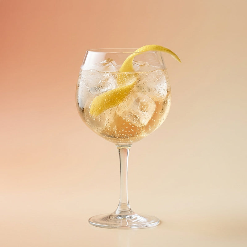A photo of the Peach Blossom Paloma cocktail containing Patron Silver Tequila, Rothman & Winter Orchard Peach Liqueur, Tonic water in a Copa.