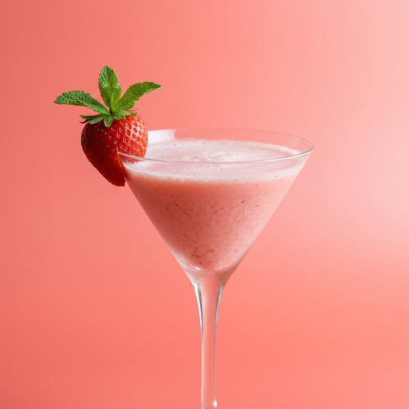 A photo of the Acai Rum Smash cocktail containing Small ripe strawberries (hulled), Planteray 3 Stars White Rum, Cedilla Acai Liqueur, Giffard Sugar Cane Syrup (Sirop Sucre de Canne), Single cream / half-and-half in a Martini.