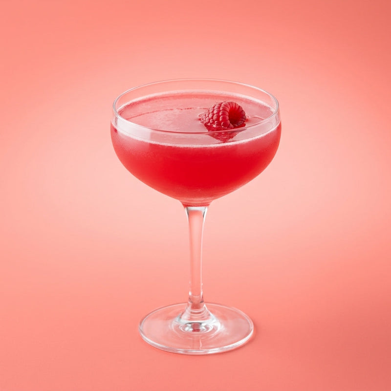 A photo of the Raspberry Ginger Lemon Drop cocktail containing Fresh root ginger (thumbnail sized), Raspberries, Ketel One Vodka, Pallini Limoncello, Giffard Sugar Cane Syrup (Sirop Sucre de Canne) in a Coupe.