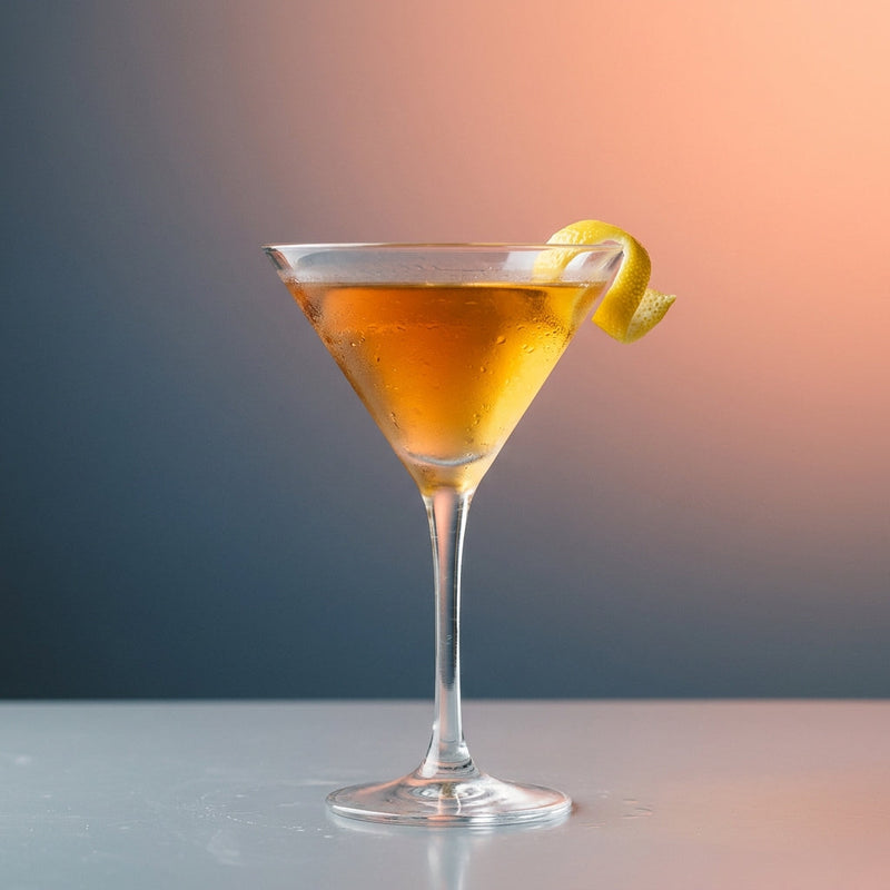 A photo of the Golden Rusty Nail cocktail containing Flor de Caña 4 Year Old Añejo Oro Rum, Drambuie Liqueur, Freshly squeezed lemon juice in a Martini.