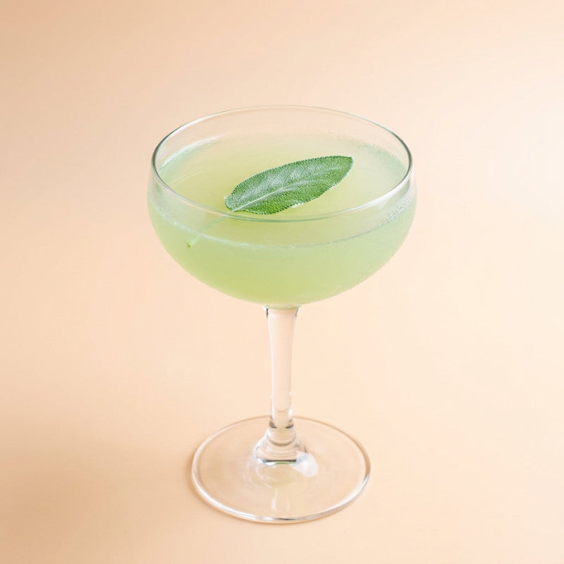 A photo of the Sage Advice Margarita cocktail containing Sage leaves, Milagro Reposado Tequila, Giffard Triple Sec, Freshly squeezed lime juice, Giffard Sugar Cane Syrup (Sirop Sucre de Canne) in a Coupe.