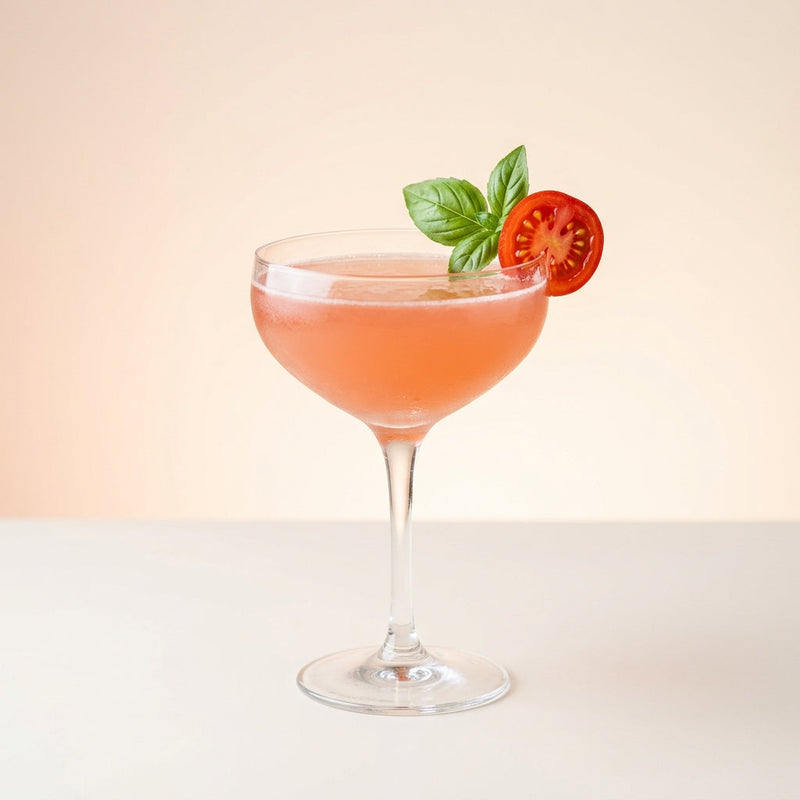 A photo of the Tomato Blossom Daiquiri cocktail containing Cherry tomato (chopped), Basil leaves, Planteray 3 Stars White Rum, Freshly squeezed lemon juice, St-Germain Elderflower Liqueur, Giffard Sugar Cane Syrup (Sirop Sucre de Canne) in a Coupe.