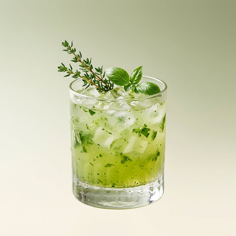 A photo of the Jardín Old Fashioned cocktail containing Basil leaves, Milagro Reposado Tequila, St-Germain Elderflower Liqueur, Giffard Sugar Cane Syrup (Sirop Sucre de Canne), Freshly squeezed lime juice in a Old-Fashioned.