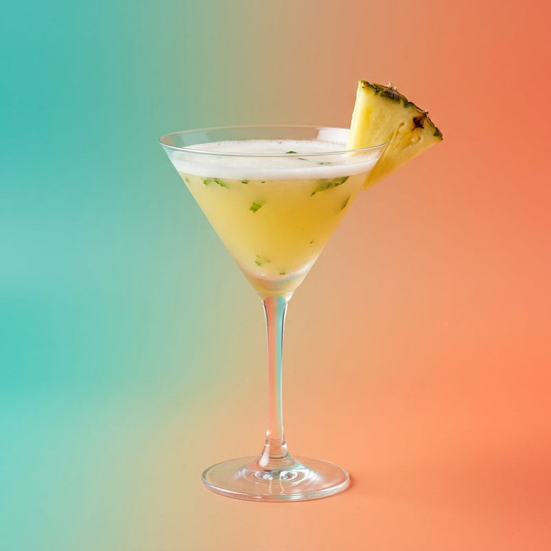A photo of the Basil & Bitters Gin Martini cocktail containing Basil leaves, Beefeater London Dry Gin, Fresh pressed pineapple juice, Giffard Sugar Cane Syrup (Sirop Sucre de Canne), Angostura Orange Bitters in a Martini.