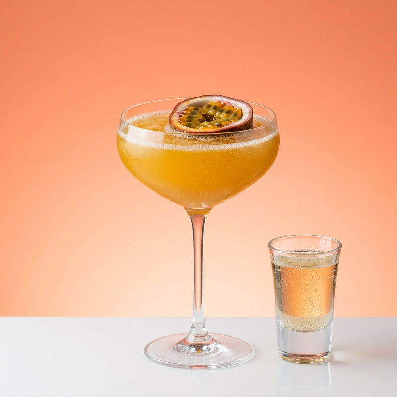 A photo of the Bitter Passion Royale cocktail containing Passion fruit (fresh fruit), Baldoria Bitter Vermouth, Chinola Passion Fruit Liqueur, Vanilla sugar syrup, Freshly squeezed lime juice, Perrier Jouet Grand Brut Champagne in a Coupe.