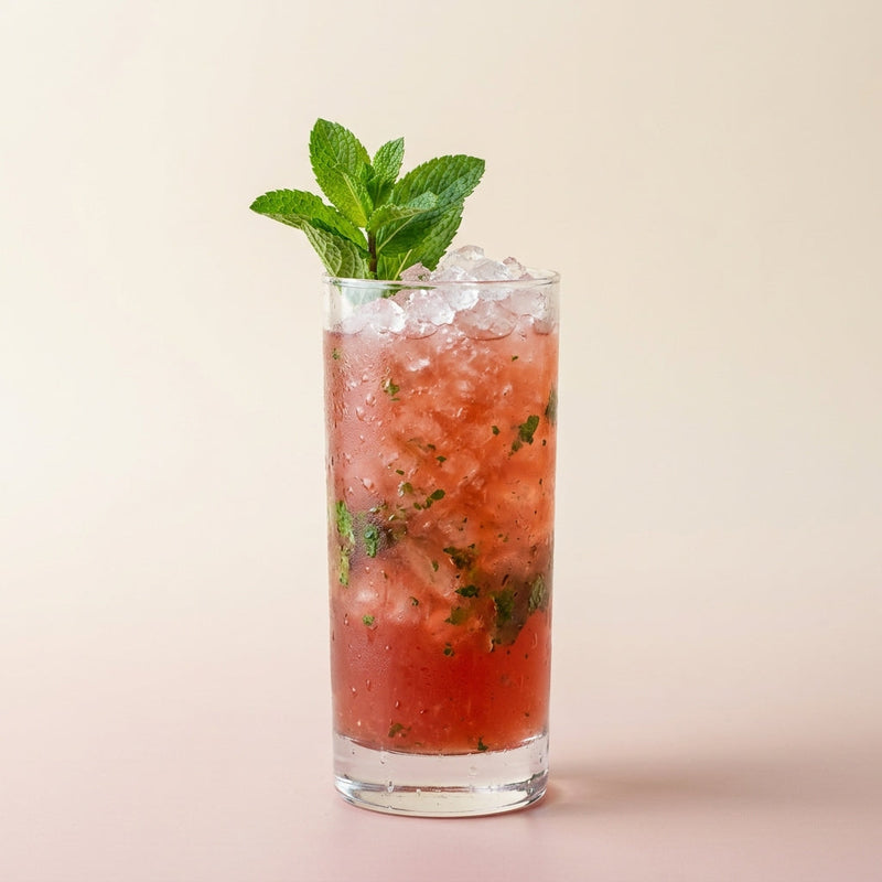 A photo of the Sloe & Minty Collins cocktail containing Mint leaves, Beefeater London Dry Gin, Hayman's Sloe Gin, Freshly squeezed lemon juice, Giffard Sugar Cane Syrup (Sirop Sucre de Canne) in a Collins.