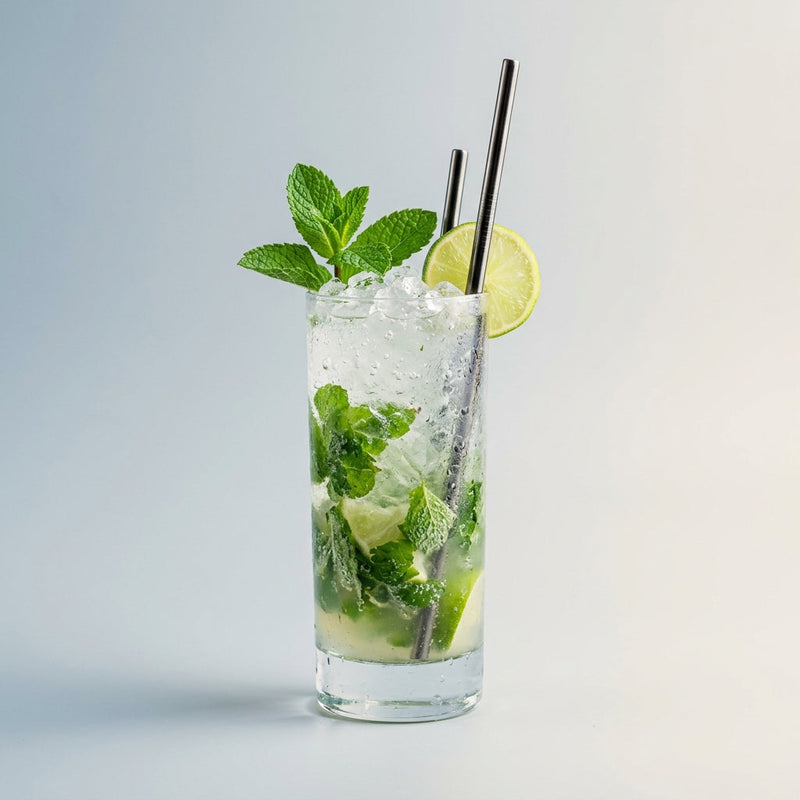 A photo of the Mojito Cocktail cocktail containing Mint leaves, Planteray 3 Stars White Rum, Freshly squeezed lime juice, Giffard Sugar Cane Syrup (Sirop Sucre de Canne), Club soda in a Collins.
