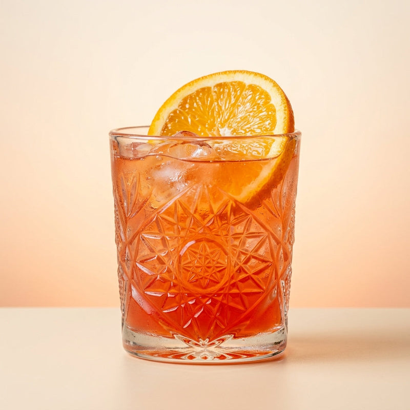 A photo of the Peach Negroni Sour cocktail containing Rothman & Winter Orchard Peach Liqueur, Ketel One Vodka, Campari Aperitivo, Freshly squeezed pink grapefruit juice, Giffard Sugar Cane Syrup (Sirop Sucre de Canne) in a Old-Fashioned.