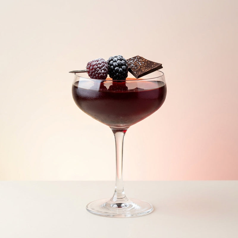 A photo of the French Berry Sidecar cocktail containing Blackberries, Hennessy V.S. Cognac, Chambord Liqueur, Giffard Triple Sec, Giffard Sugar Cane Syrup (Sirop Sucre de Canne), Peychaud's Bitters in a Coupe.