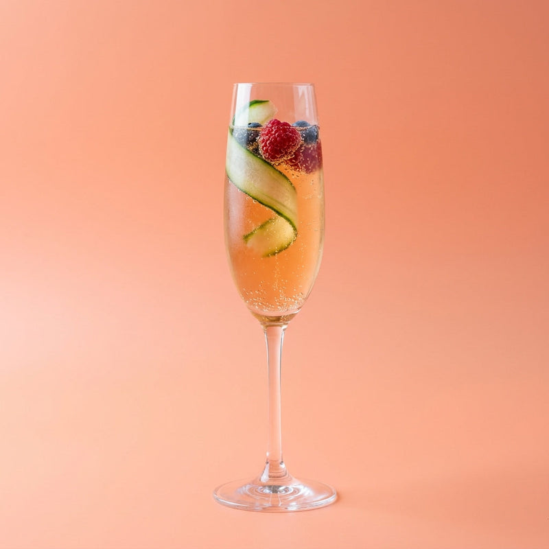 A photo of the Pimm's Royale cocktail containing Pimm's No 1 Cup, Ferrand Dry Curaçao, Perrier Jouet Grand Brut Champagne in a Flute.