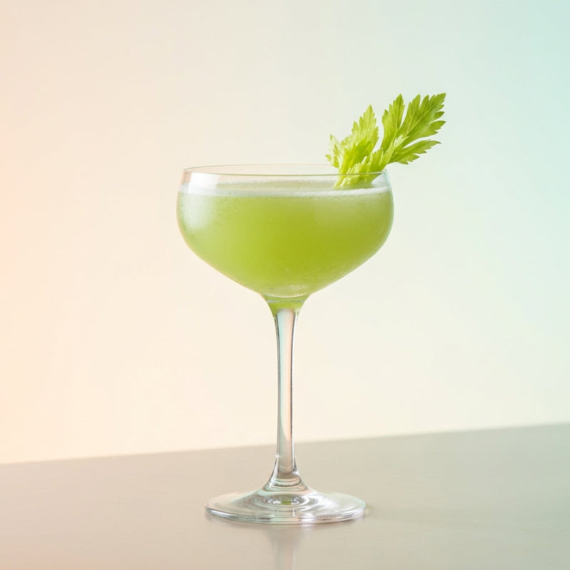 A photo of the The Verdant Gimlet cocktail containing Beefeater London Dry Gin, Freshly extracted celery juice, Green Chartreuse, Freshly squeezed lime juice, Rose's lime cordial, Chardonnay white wine vinegar, Fee Brother's Celery Bitters in a Coupe.