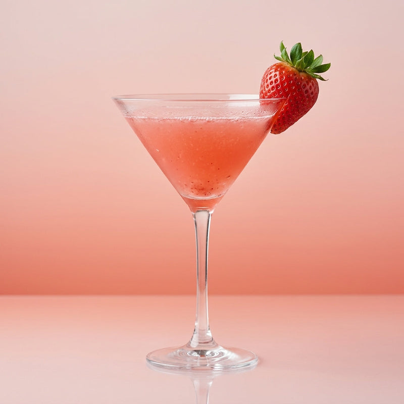 A photo of the Strawberry Tequila Smash cocktail containing Milagro Reposado Tequila, Freshly squeezed lime juice, Giffard Sugar Cane Syrup (Sirop Sucre de Canne), Small ripe strawberries (hulled) in a Martini.
