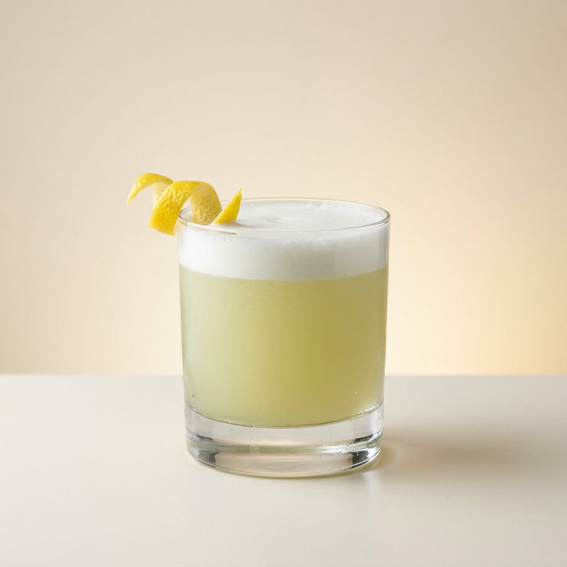 A photo of the The Green Fairy's Whisper cocktail containing Pernod Absinthe, Giffard Sugar Cane Syrup (Sirop Sucre de Canne), Freshly squeezed lemon juice, Fee Brothers Fee Foam Egg White Alternative in a Old-Fashioned.