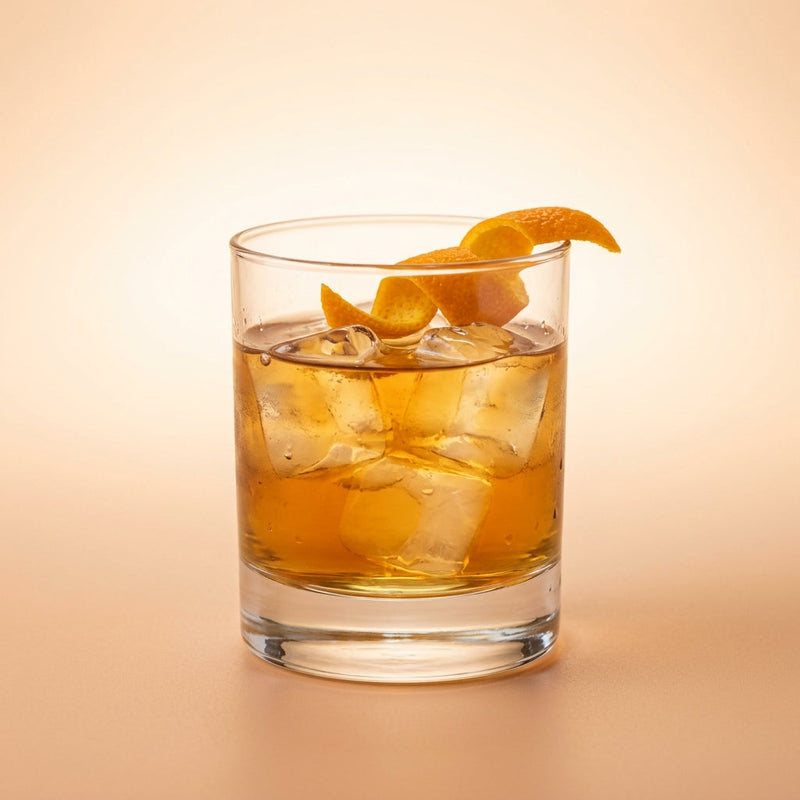 A photo of the Parisian Dusk cocktail containing Hennessy V.S. Cognac, Lillet Blanc Aperitif, Bénédictine D.O.M. Liqueur, Suze Aperitif, Peychaud's Bitters in a Old-Fashioned.