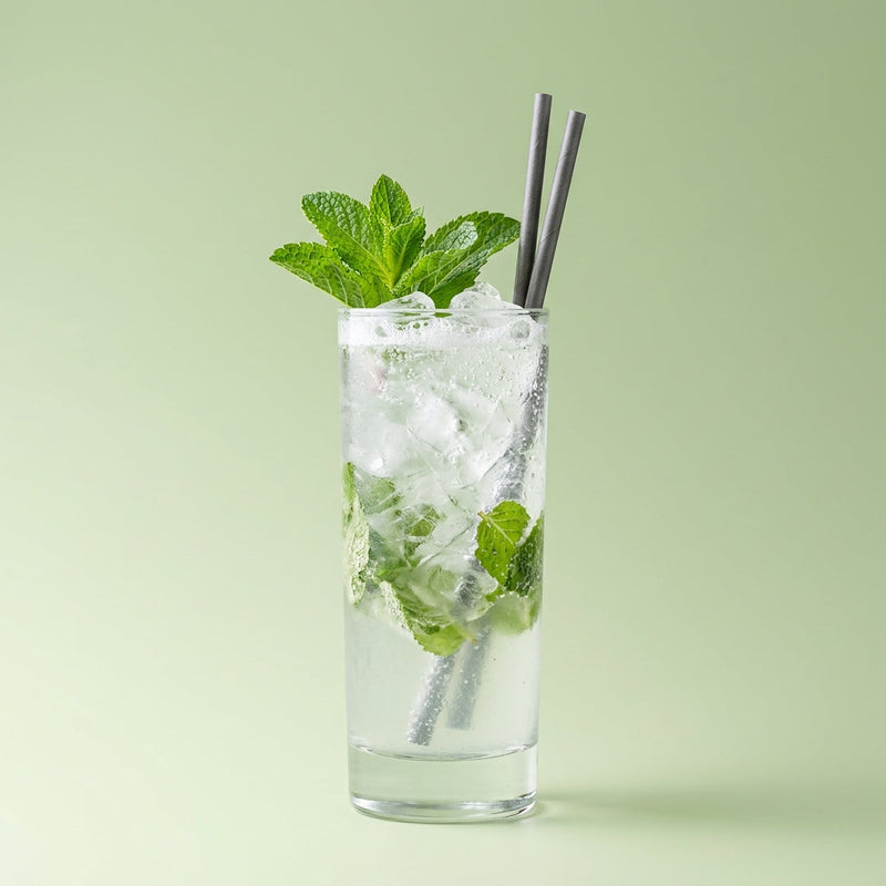 A photo of the Minty Moscow Mule cocktail containing Mint leaves, Ketel One Vodka, Freshly squeezed lime juice, Giffard Sugar Cane Syrup (Sirop Sucre de Canne), Club soda in a Collins.