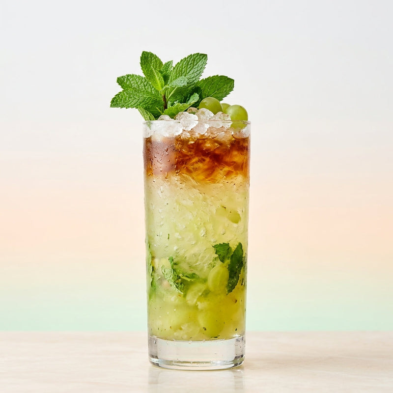 A photo of the Peach & Suze Swizzle cocktail containing Seedless white grapes, Suze Aperitif, Rothman & Winter Orchard Peach Liqueur, Mint leaves, Amaro Montenegro Italian Liqueur in a Highball.