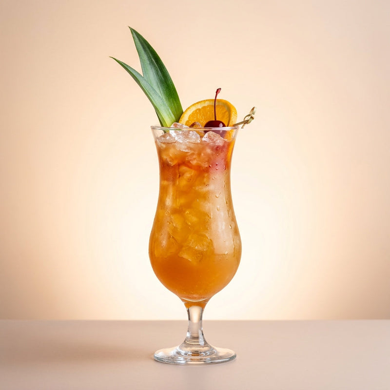 A photo of the Tropical Cherry Rum Sling cocktail containing Planteray 3 Stars White Rum, Giffard Triple Sec, Giffard Banane du Brésil Liqueur, Heering Cherry Liqueur, Fresh pressed pineapple juice, Freshly squeezed orange juice in a Hurricane.