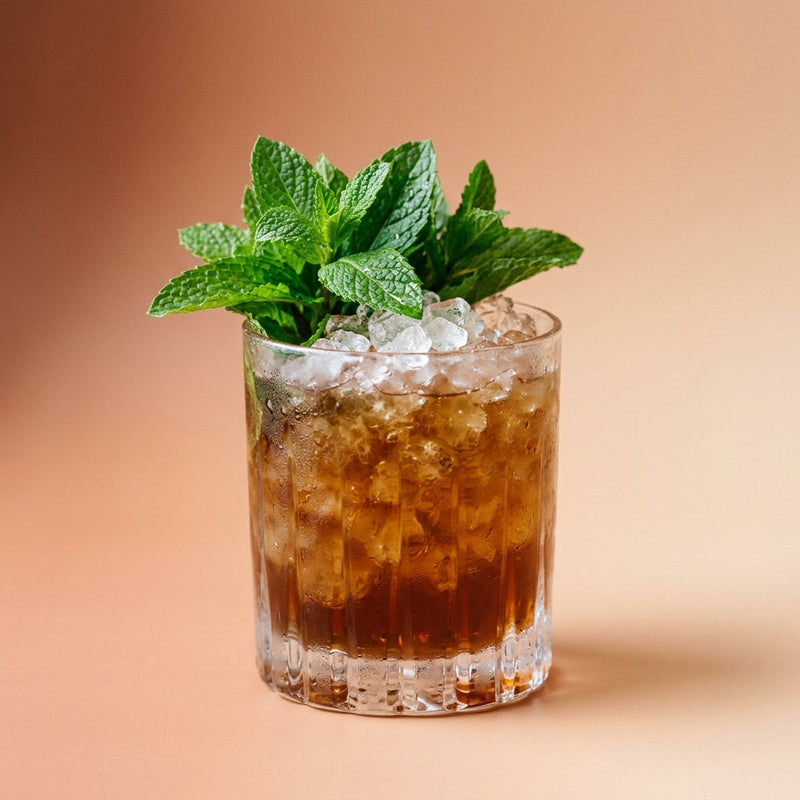 A photo of the Bourbon Branca Smash cocktail containing Savage & Cooke Cask Finished Bourbon, Fernet-Branca Amaro Liqueur, Freshly squeezed lemon juice, Giffard Sugar Cane Syrup (Sirop Sucre de Canne) in a Old-Fashioned.
