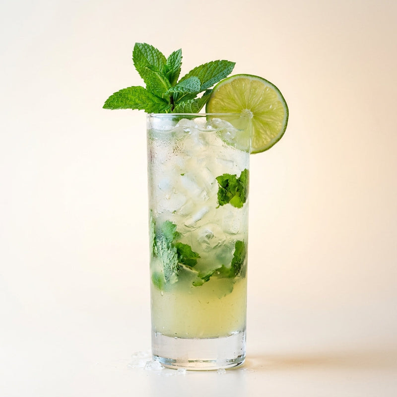 A photo of the Bison Grass Mojito cocktail containing Mint leaves, Zubrowka Bison Grass Vodka, Cold camomile tea, Pressed apple juice, Freshly squeezed lime juice, Giffard Sugar Cane Syrup (Sirop Sucre de Canne) in a Collins.