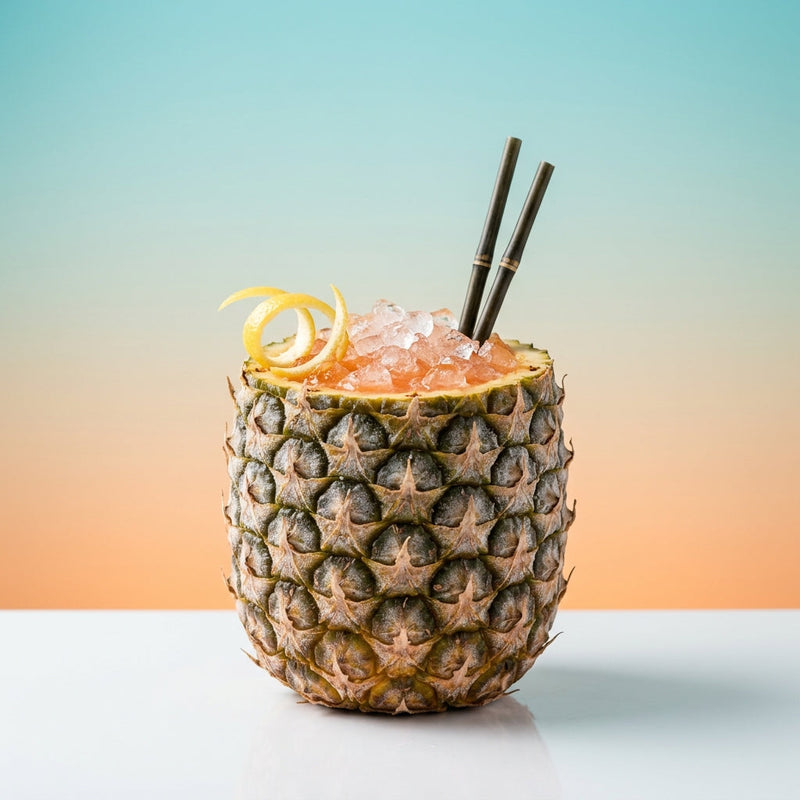 A photo of the Tropical Gold Fizz cocktail containing Ketel One Vodka, Giffard Banane du Brésil Liqueur, Galliano Autentico Liqueur, Cranberry juice, Fresh pressed pineapple juice, Freshly squeezed orange juice in a Pineapple Shell (Frozen).