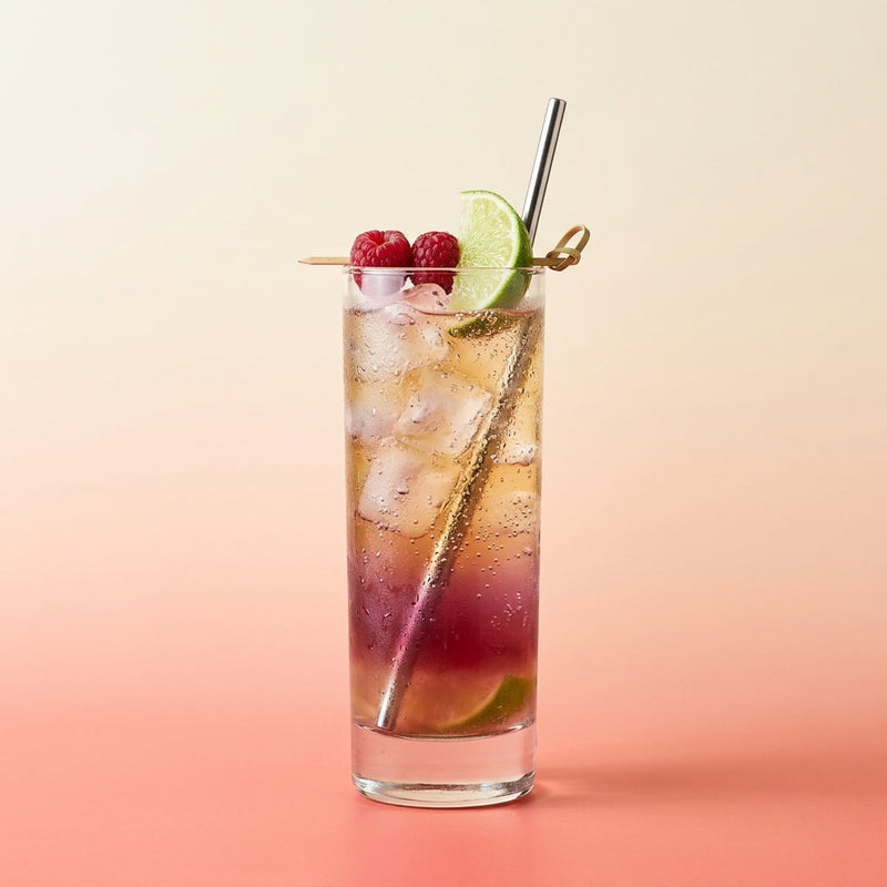 A photo of the Floradora cocktail containing Beefeater London Dry Gin, Freshly squeezed lime juice, Chambord Liqueur, Ginger ale in a Collins.