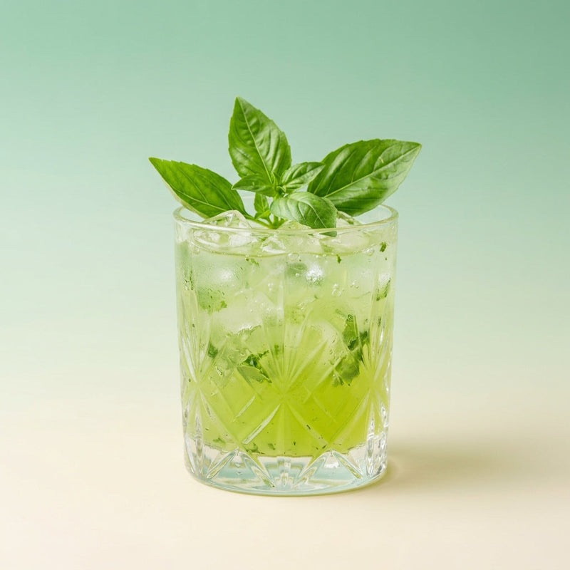 A photo of the Basil & Gin Smash cocktail containing Basil leaves, Beefeater London Dry Gin, Freshly squeezed lemon juice, Giffard Sugar Cane Syrup (Sirop Sucre de Canne) in a Old-Fashioned.