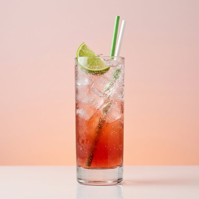 A photo of the Crimson Fizz cocktail containing Cranberry juice, Fresh pressed pineapple juice, Freshly squeezed lime juice, Giffard Sugar Cane Syrup (Sirop Sucre de Canne), Liber & Co. Real Grenadine, Club soda in a Collins.