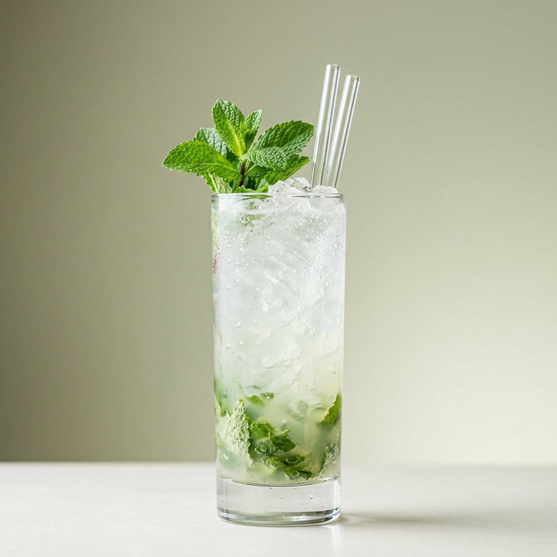 A photo of the Marseille Mint Crush cocktail containing Mint leaves, Ricard Pastis de Marseille Aperitif, Freshly squeezed lime juice, Giffard Sugar Cane Syrup (Sirop Sucre de Canne), Club soda in a Collins.