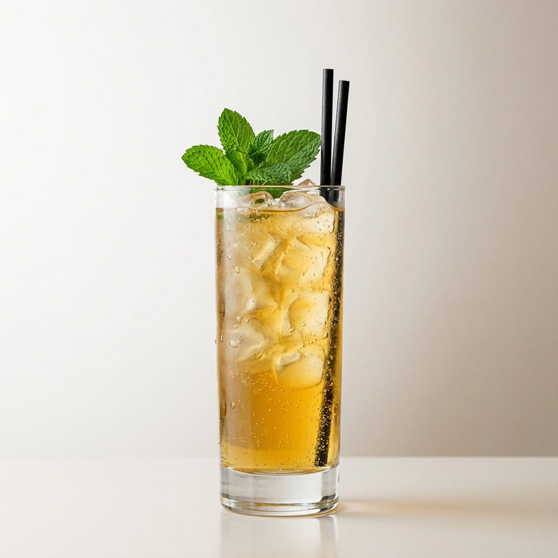 A photo of the Cognac Mule cocktail containing Hennessy V.S. Cognac, Freshly squeezed lime juice, Giffard Sugar Cane Syrup (Sirop Sucre de Canne), Angostura Aromatic Bitters, Three Cents Ginger Beer in a Collins.