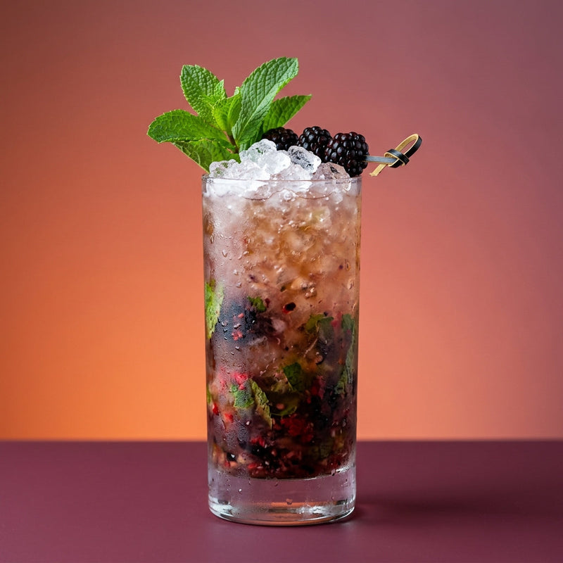 A photo of the Blackberry Bourbon Bramble Smash cocktail containing Mint leaves, Blackberries, Raspberries, Savage & Cooke Cask Finished Bourbon, Hennessy V.S. Cognac, Giffard Sugar Cane Syrup (Sirop Sucre de Canne) in a Collins.