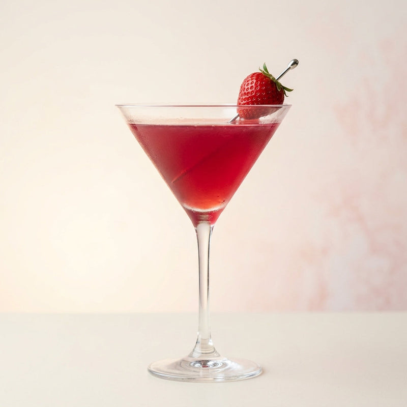 A photo of the Strawberry Fields Martini cocktail containing Small ripe strawberries (hulled), Ketel One Vodka, Balsamic vinegar, Giffard Sugar Cane Syrup (Sirop Sucre de Canne) in a Martini.