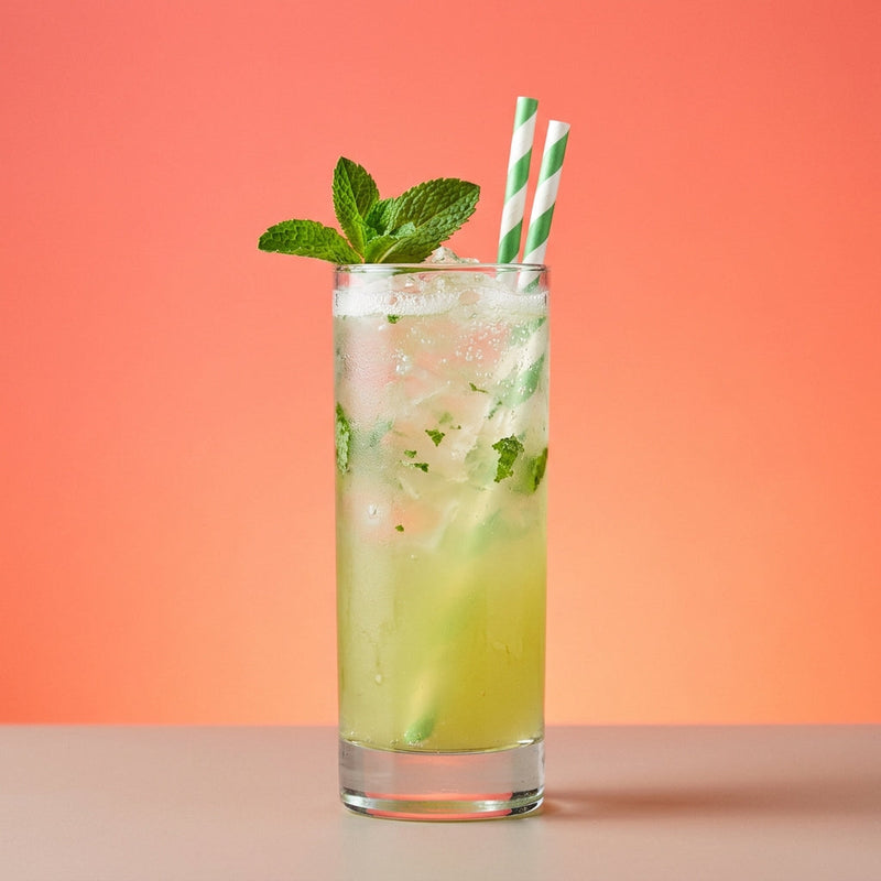 A photo of the Mint Collins cocktail containing Mint leaves, Beefeater London Dry Gin, Freshly squeezed lemon juice, Giffard Sugar Cane Syrup (Sirop Sucre de Canne), Club soda in a Collins.