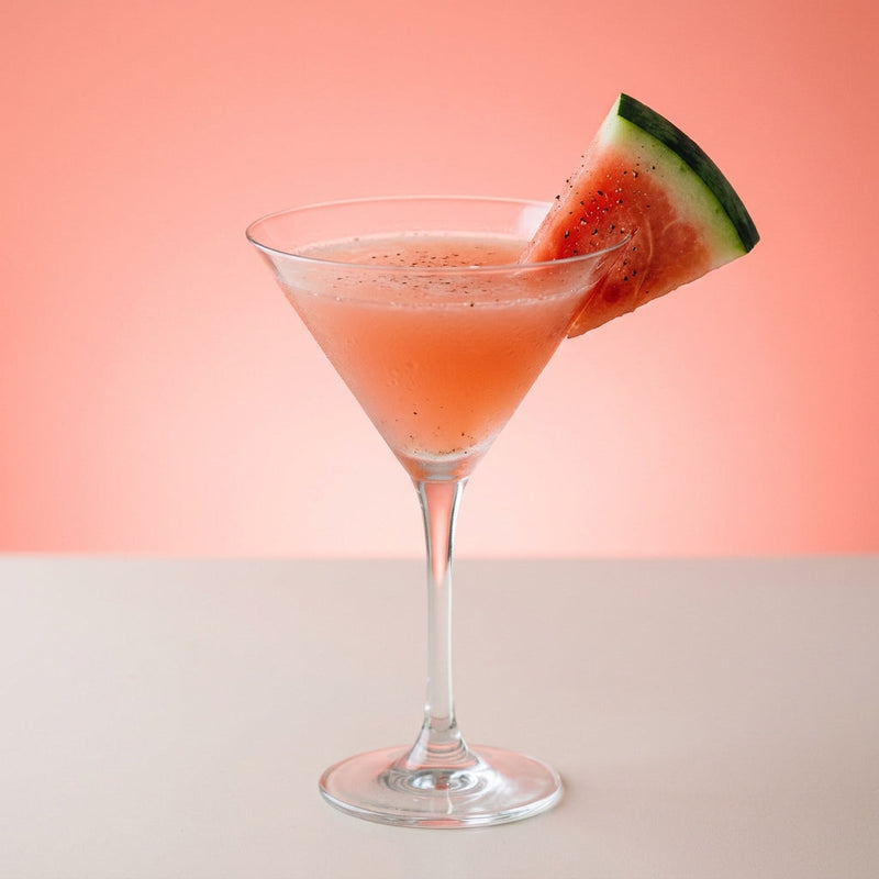 A photo of the Watermelon Heat Martini cocktail containing Fresh watermelon, St. George Green Chile Vodka, Giffard Sugar Cane Syrup (Sirop Sucre de Canne), Black pepper in a Martini.