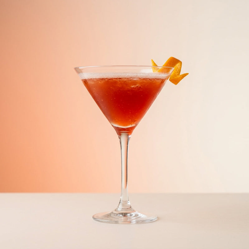A photo of the Crimson Milanese cocktail containing Campari Aperitivo, Carpano Antica Formula Vermouth, Freshly squeezed lemon juice, Giffard Sugar Cane Syrup (Sirop Sucre de Canne) in a Martini.