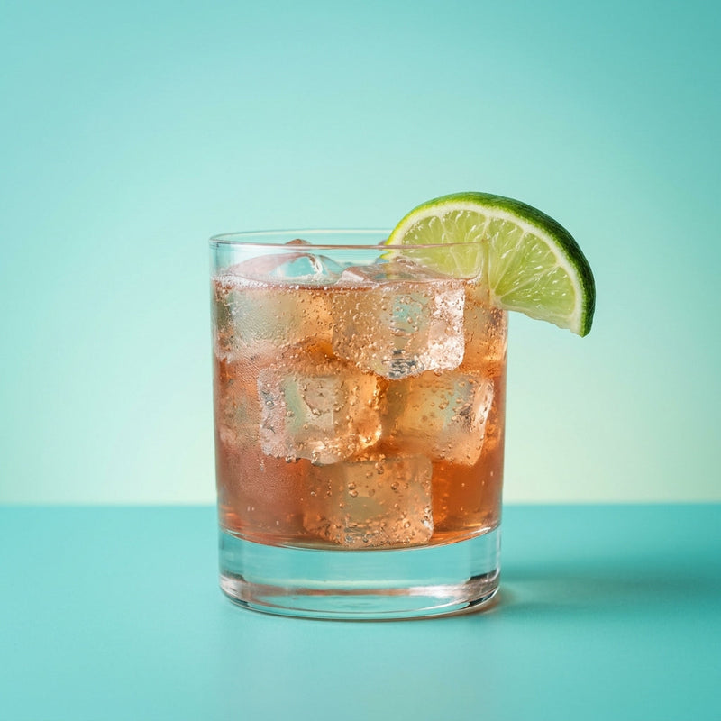 A photo of the Blue Cane Mule cocktail containing Rhum Clément Canne Bleue, Freshly squeezed lime juice, Giffard Sugar Cane Syrup (Sirop Sucre de Canne), Peychaud's Bitters, Three Cents Ginger Beer in a Old-Fashioned.