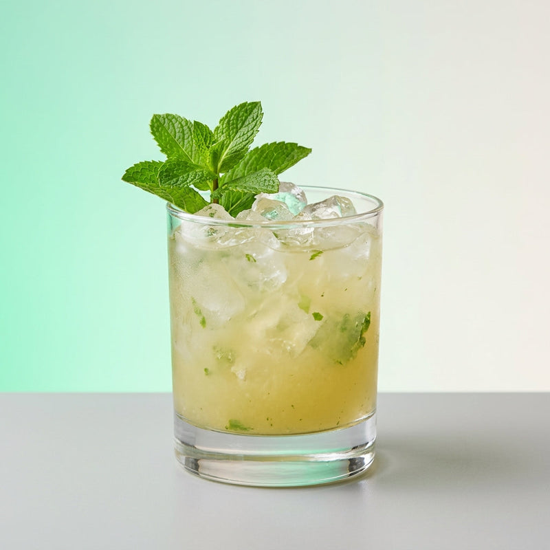 A photo of the Pisco Mint Crush cocktail containing Mint leaves, 1615 Pisco Puro Quebranta, Freshly squeezed lime juice, Giffard Sugar Cane Syrup (Sirop Sucre de Canne) in a Old-Fashioned.