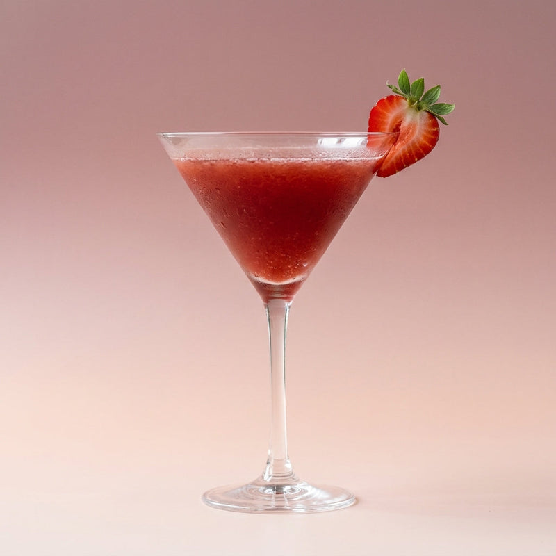 A photo of the Bourbon Berry Bliss cocktail containing Small ripe strawberries (hulled), Savage & Cooke Cask Finished Bourbon, Chambord Liqueur, Maple syrup in a Martini.