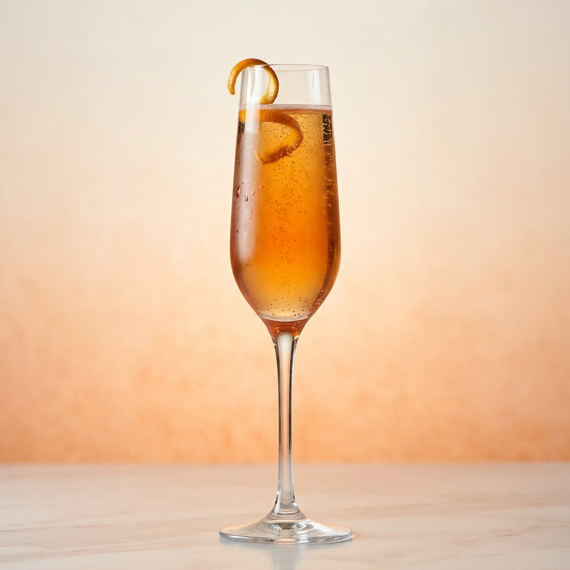 A photo of the Champagne Pick-Me-Up cocktail containing Hennessy V.S. Cognac, Freshly squeezed orange juice, Liber & Co. Real Grenadine, Perrier Jouet Grand Brut Champagne in a Flute.