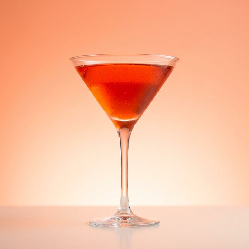 A photo of the Rum Negroni Blanche cocktail containing Planteray 3 Stars White Rum, Giffard Triple Sec, Campari Aperitivo, Freshly squeezed orange juice, Freshly squeezed lime juice, Giffard Sugar Cane Syrup (Sirop Sucre de Canne) in a Martini.
