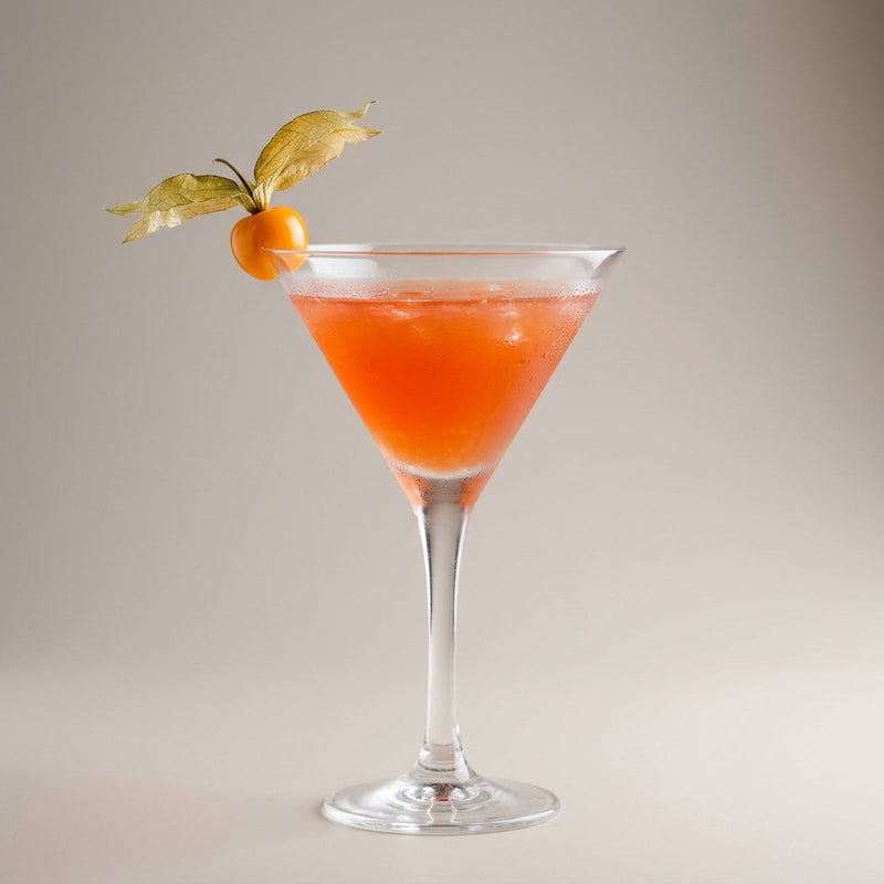 A photo of the Crimson Cucumber Martini cocktail containing English cucumber peeled, Beefeater London Dry Gin, Campari Aperitivo, Freshly squeezed orange juice, Giffard Sugar Cane Syrup (Sirop Sucre de Canne) in a Martini.