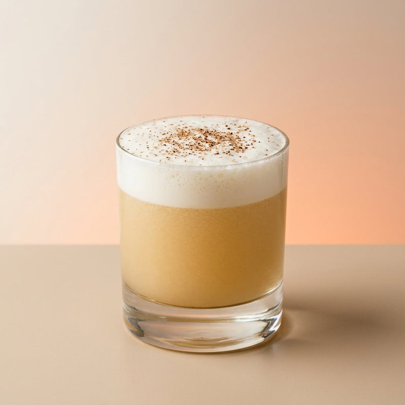 A photo of the General Harrison's Nogg cocktail containing Roger Groult 3 Year Reserve Pays D'Auge Calvados, Medium dry apple cider, Giffard Sugar Cane Syrup (Sirop Sucre de Canne), Peychaud's Bitters, Egg (white & yolk) in a Old-Fashioned.